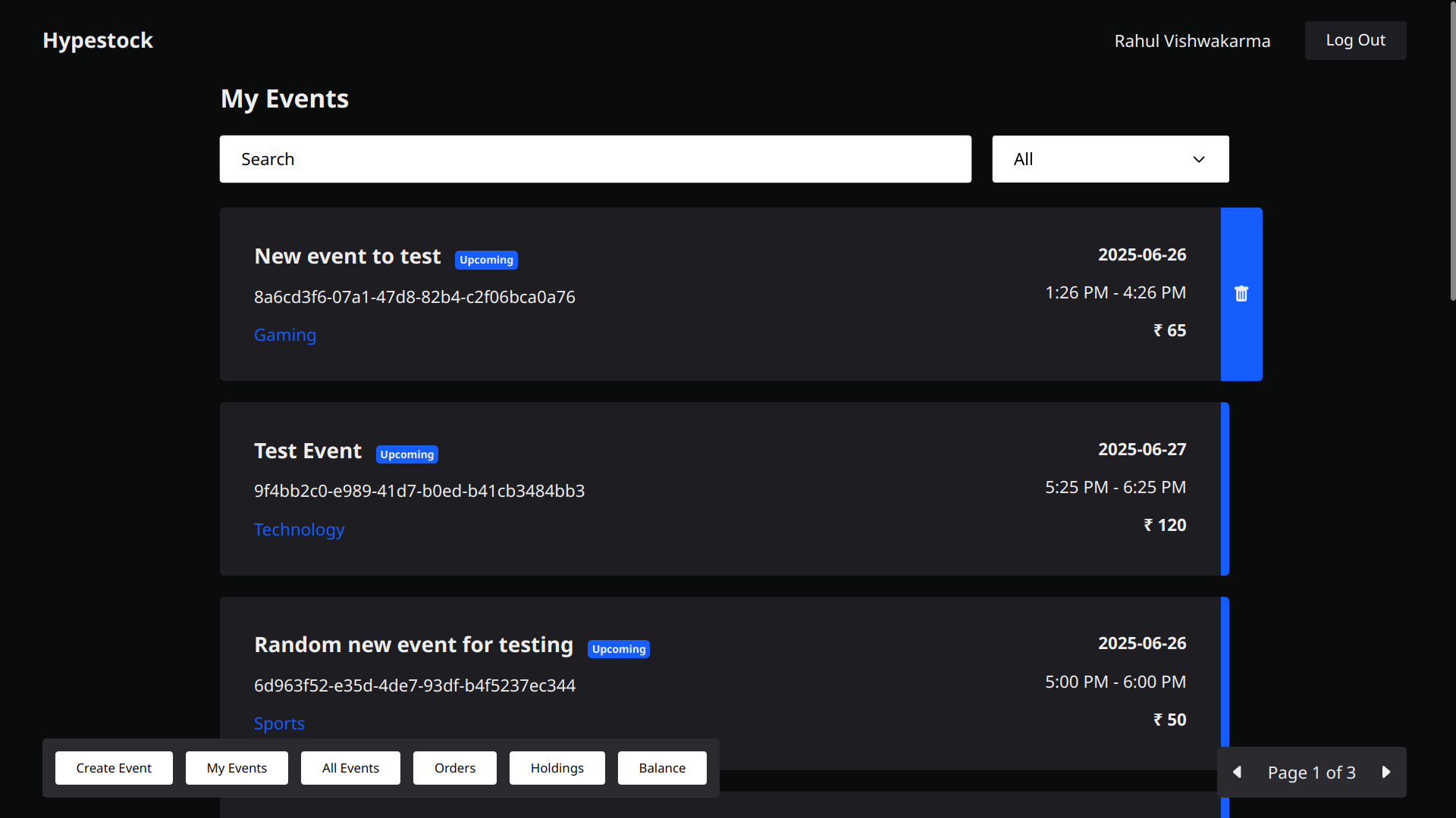 Hypestock Event List View